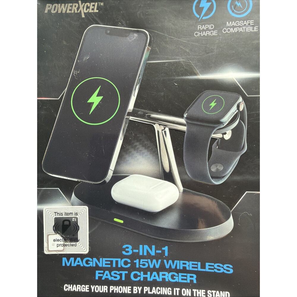 Powerxcel 3 In 1 Magnetic 15w Wireless Fast Charger In Black Brand New